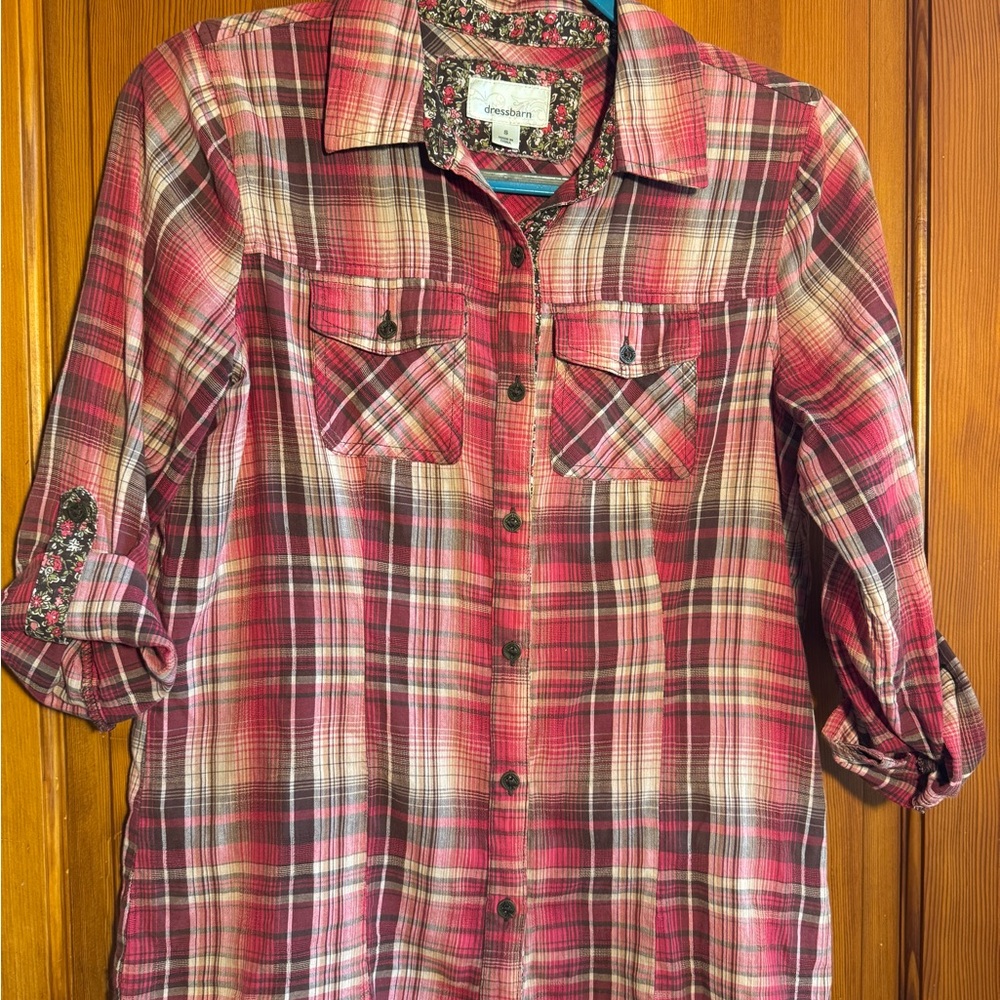 Dressbarn Red and Brown Plaid Shirt